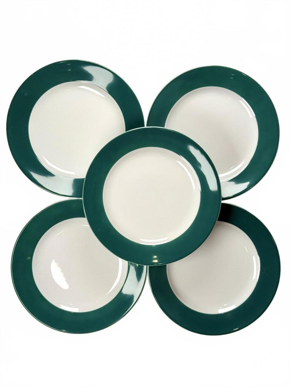 Set of 5 Vintage Kahla Germany Teal Green Rim Porcelain Plates 8 in Minimalist